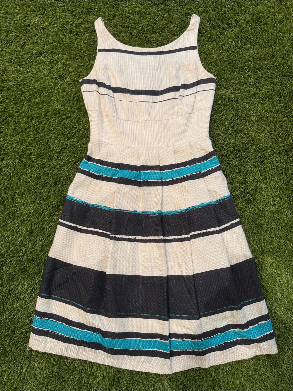 ANTONIO MELANI Cream Dress with Black and Teal Stripes